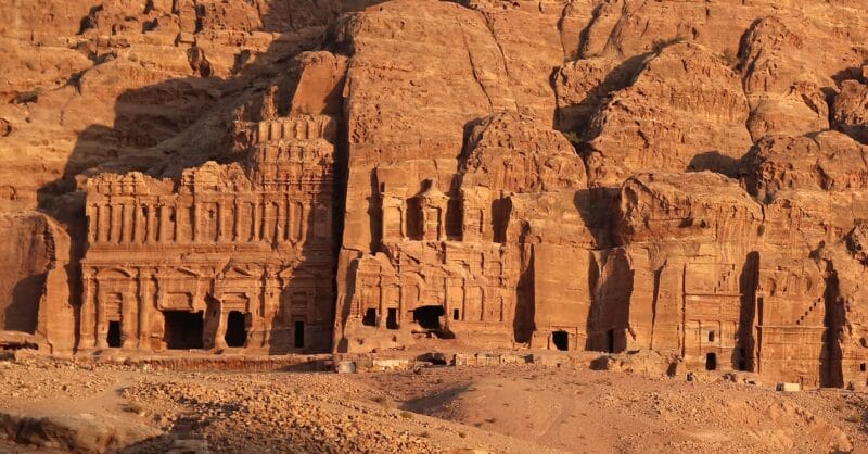 Royal Tombs of Petra carved high into the rose-red cliffs Jordan